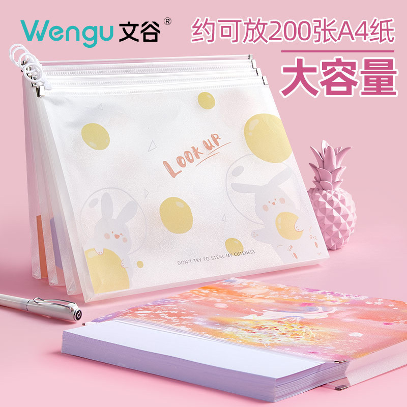 4个装A4透明拉边袋学生科目袋文具大容量防水可爱好看试卷资料袋收纳加厚塑料拉链袋小清新卡通文件袋