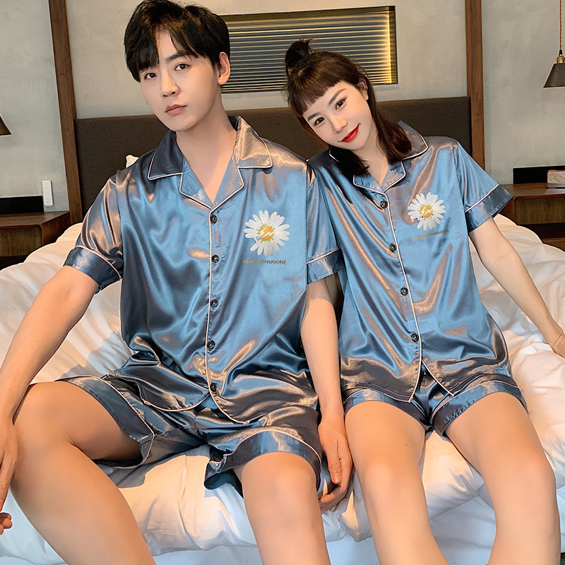 开衫情侣睡衣夏季韩版冰丝性感薄款短袖套装夏季丝绸男女家居服