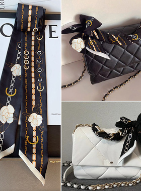 小香风100桑蚕丝飘带丝巾黑白山茶花法式发带改造绑包包手柄双面