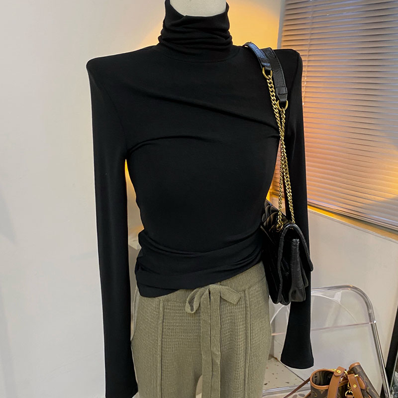 莫代尔高领打底衫女2022春秋冬内搭堆领长袖T恤新款洋气黑色上衣