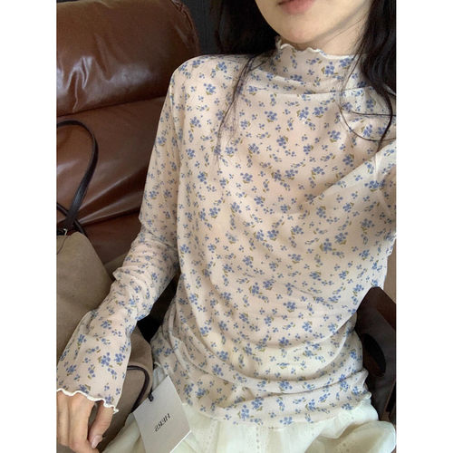 半高领网纱碎花打底衫女秋