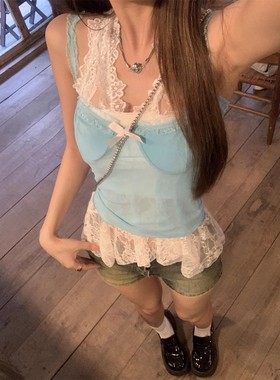 蓝色吊带背心女夏外穿绝美甜辣修身小蕾丝内搭无袖上衣