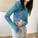 短款 扎染网纱防晒衣女2021迷幻抽象图案弹力网布打底衫