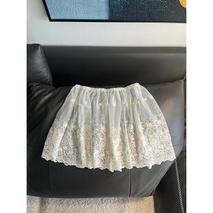 日韩森系少女搭配精美刺绣花朵蕾丝叠穿屁帘四季百搭层次感半身裙