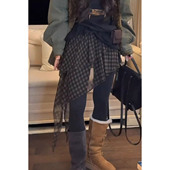 双层纱格子半身裙女松紧高腰复古百搭屁帘叠穿不规则中长裙子