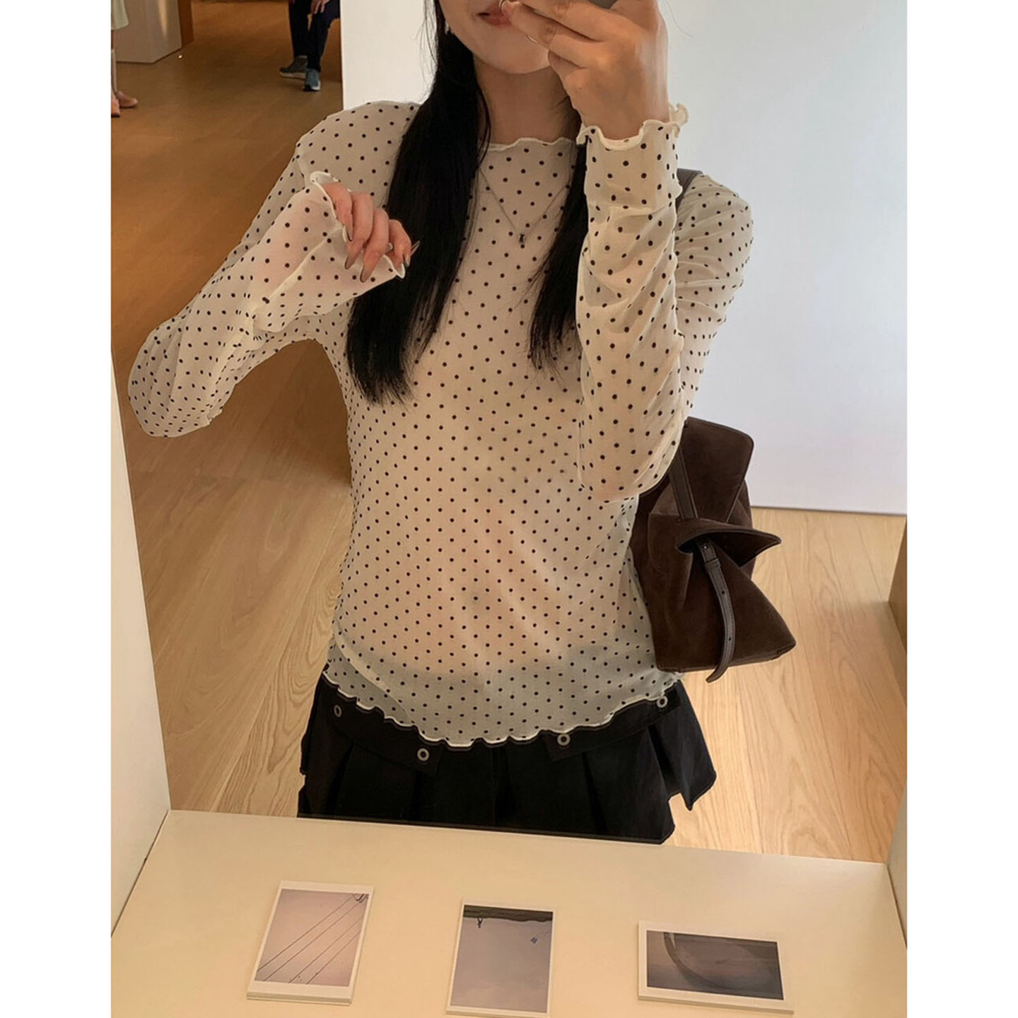 2026早秋新款温柔韩版波点透感卷边半高领长袖打底衫t恤女