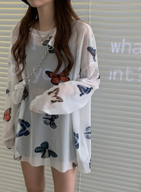 白色t恤女2020新款韩版宽松防晒衫圆领印花蝴蝶薄款长袖t恤