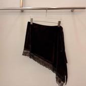 高级感丝绒蕾丝拼接不规则一片式 屁帘外搭女设计感系带叠穿半裙