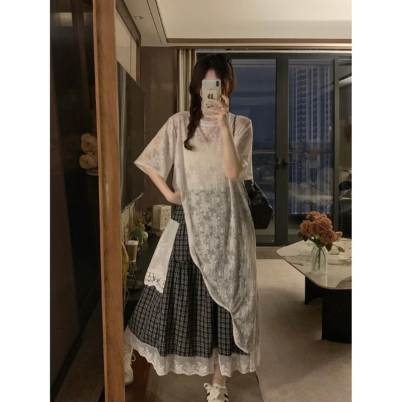 不规则中长款薄纱蕾丝防晒罩衫女夏外搭网纱空调衫叠穿短袖背心裙