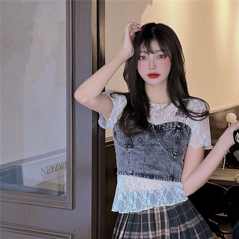 雪纺衫女内搭白色短袖上衣设计感早秋薄款2021短款蕾丝打底女装潮