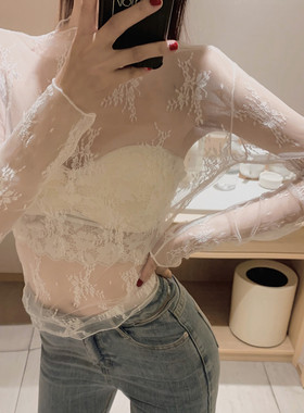 白色高领蕾丝内搭上衣女长袖春秋新款高档洋气镂空网纱打底衫女薄