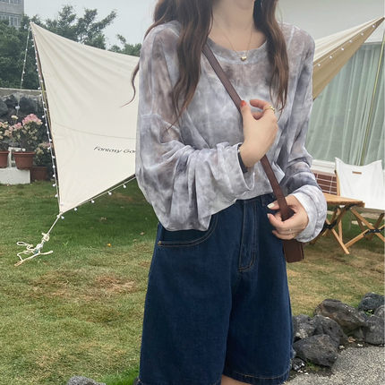 网红ins超火宽松显瘦设计感小众扎染防晒衫上衣长袖T恤女装夏体恤