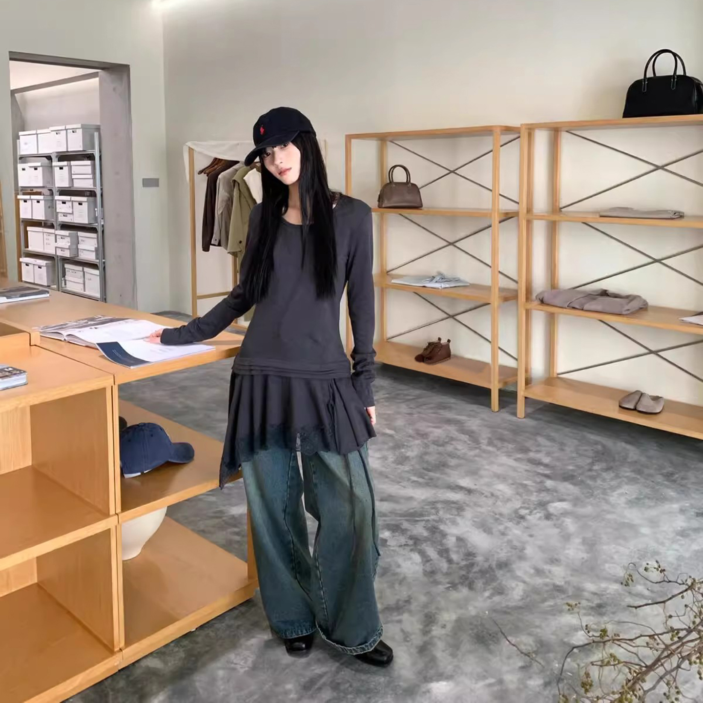 收腰显瘦长袖T恤裙圆领打底