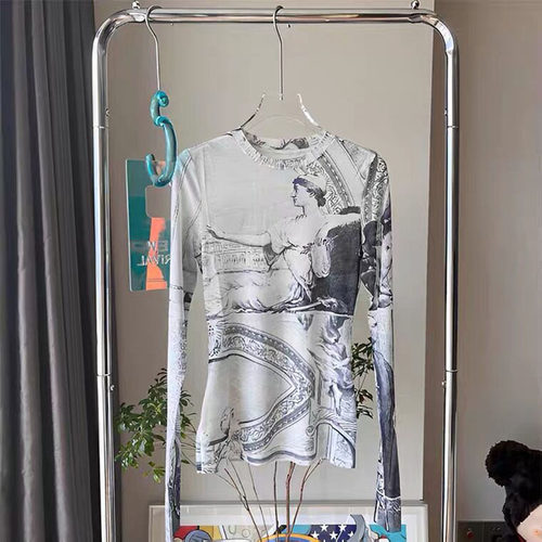 美式复古弹力定位印花网纱T