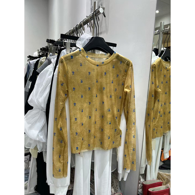 小众花卉印花网纱打底衫基底衣时尚修身长袖可外穿薄款内搭