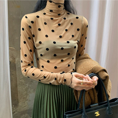 韩版植绒波点网纱上衣洋气女2021年新款修身透视半高领内搭打底衫