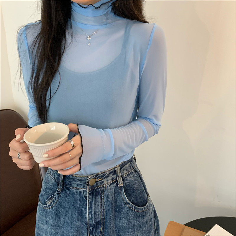 甜美高领木耳边打底衫女新款糖果色修身百搭复古网纱打底上衣