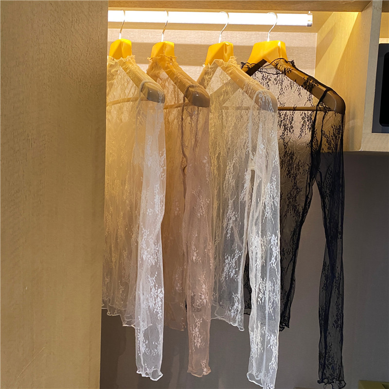 镂空蕾丝上衣性感透明内搭小衫透视女t恤长袖立领网纱打底衫秋装