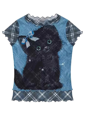 假两件猫咪印花网纱蓝色短袖t恤女夏季美式复古辣妹修身圆领上衣