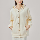 onrays 100%新疆棉冬季 保暖大帽子拉绒开襟系扣连帽卫衣米白花灰