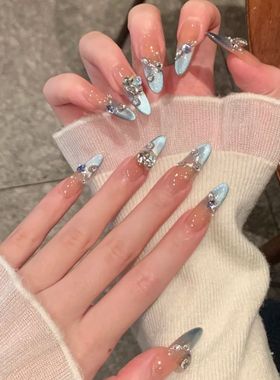 纯手工美甲穿戴甲水光感法式蓝色猫眼满钻少女心氛围感is辣妹学生