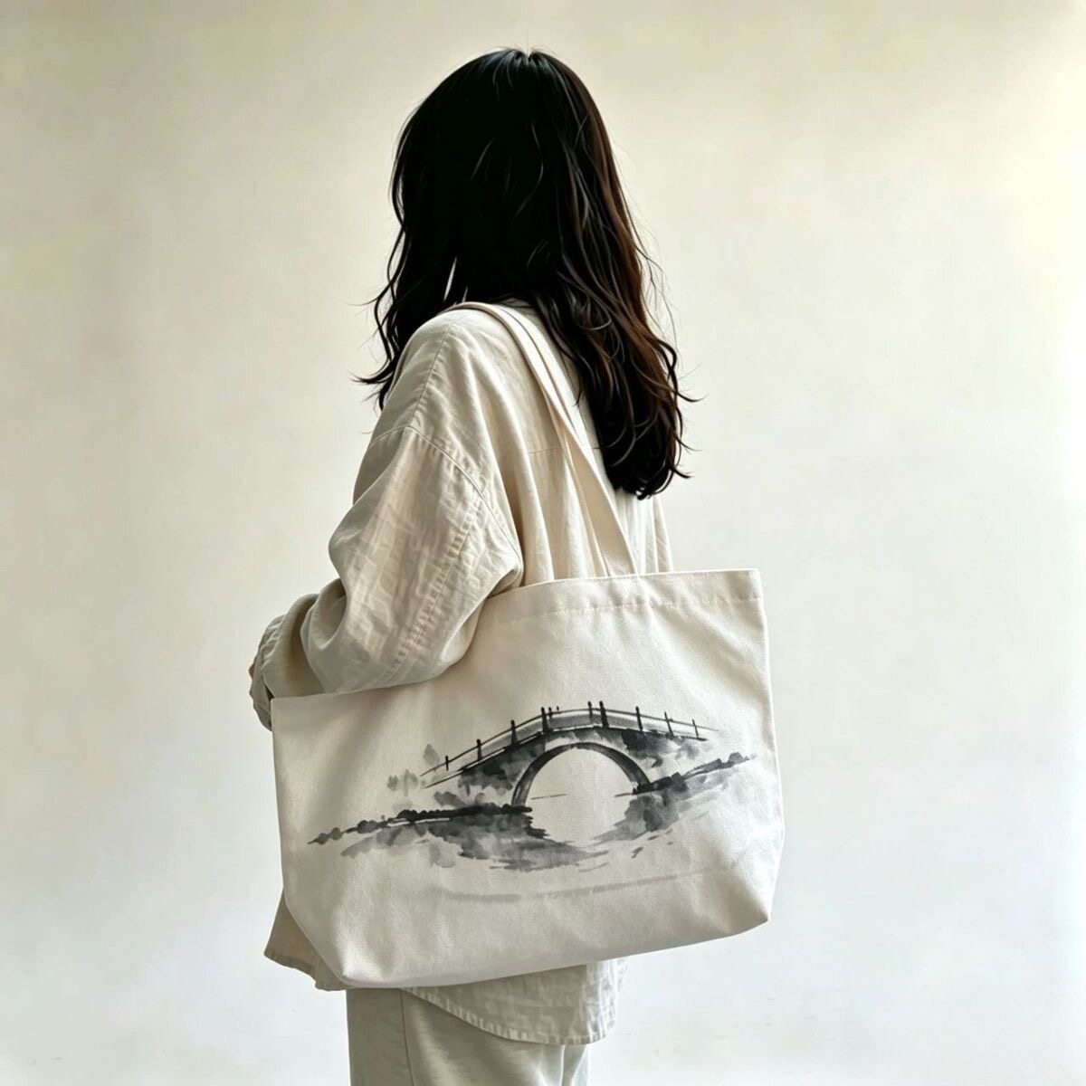 中国风水墨帆布托特包大容量通勤