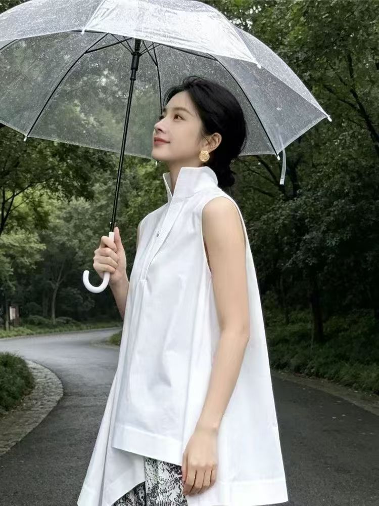 蓝色V领花边两面穿衬衫夏季高级感边无袖背心上衣