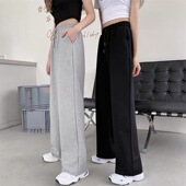 卫裤 夏春季 高腰休闲新款 女士直筒薄款 松紧腰黑色学生 纯棉阔腿长裤