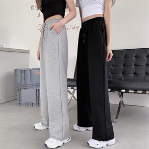 夏春季纯棉阔腿长裤女士直筒薄款高腰休闲新款卫裤松紧腰黑色学生