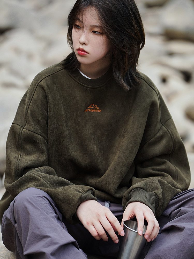 350g麂皮绒卫衣秋冬复古宽松情侣衣服男女银狐绒加绒美式潮牌