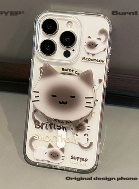SUPYEP烧焦猫咪磨砂透明手机壳磁吸支架简约英文可爱适用iPhone15ProMax苹果14Pro13