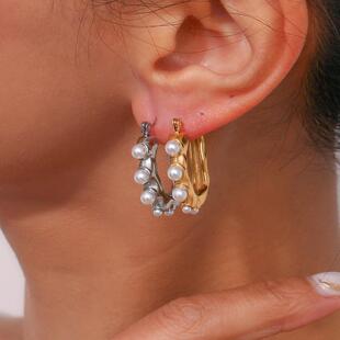 法式复古U形金色珍珠925纯银针耳环女时尚小众设计高级感耳钉耳饰