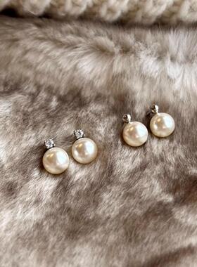通勤款s925纯银ever同款珍珠耳钉锆石银珠耳环日常百搭高级耳饰f