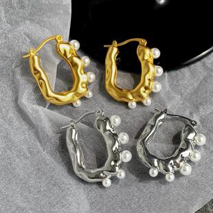 法式复古U形金色珍珠925纯银针耳环女时尚小众设计高级感耳钉耳饰