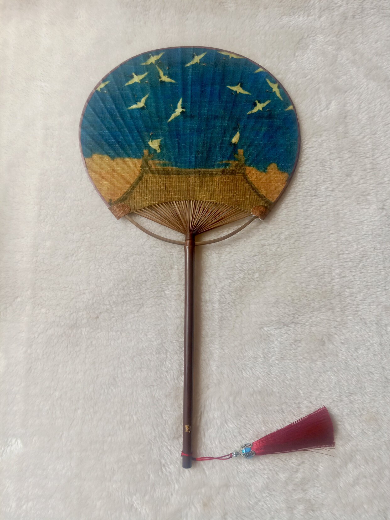 古风长柄中式瑞鹤图剖丝团扇可做摆件展示扇子