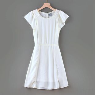 通勤夏季 G1欧美外贸气质素雅白色雪纺短袖 显瘦女士连衣裙