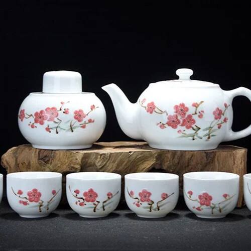 景德镇陶瓷7501毛瓷手绘水点桃花梅花功夫茶具礼盒套装高白瓷礼品
