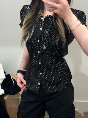 BrandyGirl美式复古辣妹波点bm娃娃领衬衫女修身显瘦开衫短袖上衣