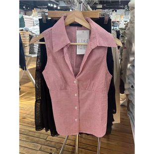 BrandyGirl新款翻领单排扣无袖bm格子衬衫女V领修身衬衣显瘦上衣