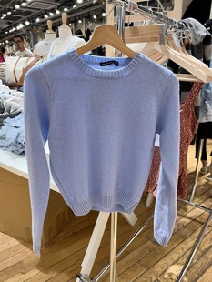 女辣妹上衣美式 BrandyGirl新款 bm针织衫 短款 复古蓝色毛衣 圆领修身
