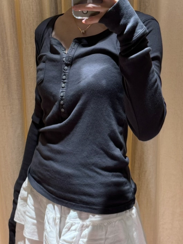 BrandyGirl美式复古九粒扣半开衫bm亨利长袖T恤女打底修身上衣潮