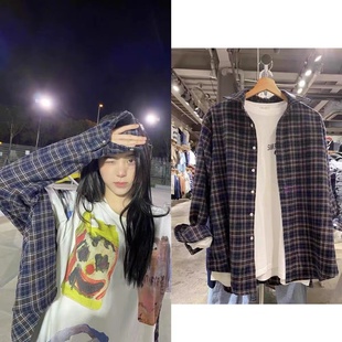 欧阳娜娜同款bm风古着衬衫女美式格纹复古宽松纽扣上衣防晒外套潮