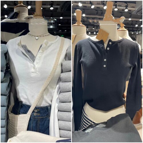 Brandy Girl新款美式五粒扣华夫格长袖bm上衣纯棉百搭t恤打底女潮