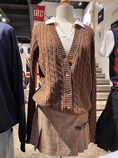 Brandy Girl美式复古v领麻花开衫外套bm棕色针织学院风JK制服毛衣