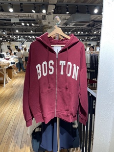 BrandyGirl新款 复古Boston贴布刺绣拉链外套女bm卫衣连帽上衣 美式