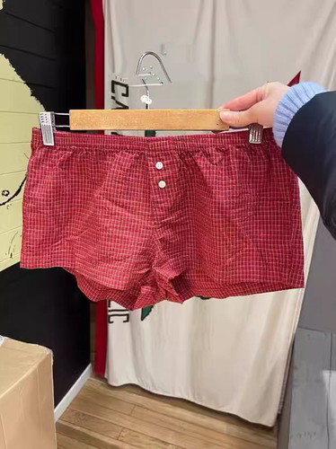 BrandyGirl新款美式红格子纽扣松紧腰休闲bm短裤女居家热裤显腿长