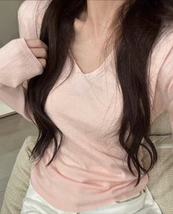 女秋薄款 长袖 慵懒毛衣打底上衣潮 复古V领bm针织衫 BrandyGirl美式