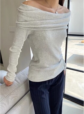 BrandyGirl新款一字领露肩bm长袖针织毛衣女修身显瘦螺纹打底上衣