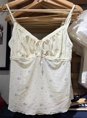 BrandyGirl新款美式花边V领bm碎花吊带背心女修身露背辣妹上衣潮