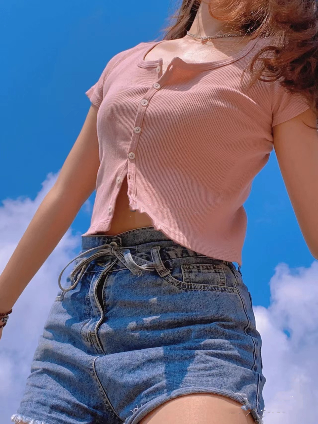 短袖欧美常规纽扣纯棉女明星同款